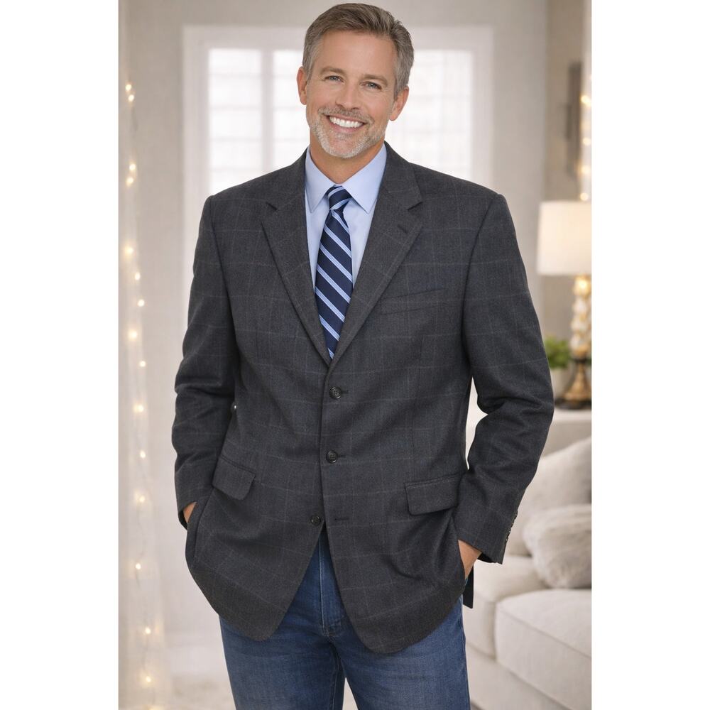 LINEA UOMO Men's 100% Lambswool Plaid Suit Coat 44 XLong Navy Blue Rust Red